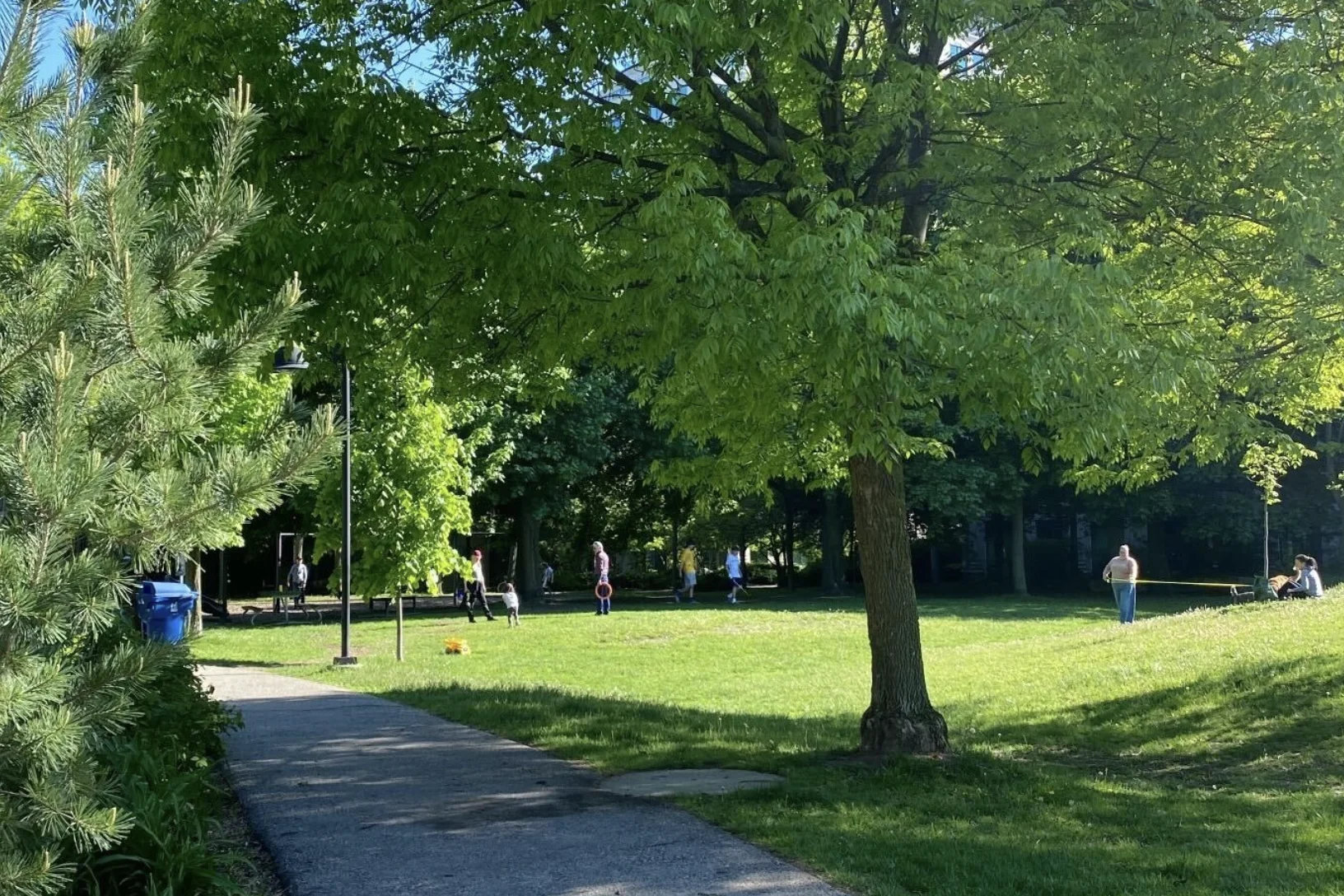 Pricefield Park - green grass, pathway and trees with a few people in the background.