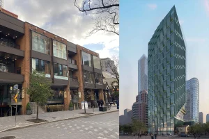 Existing 3 storey brick building and proposed 39-storey glass and steel building.